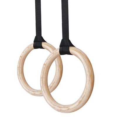 Stength Training Gym Wooden Gymnastic Rings With Adjustable Straps